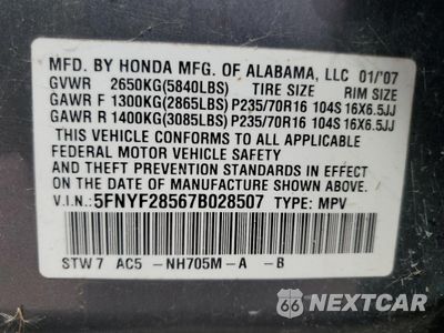 Zdjęcie 13 z 13 samochodu: 2007 HONDA PILOT EXL VIN:5FNYF28567B028507 - miniatura