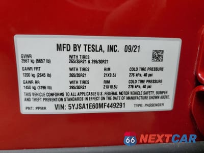 Zdjęcie 13 z 13 samochodu: 2021 TESLA MODEL S VIN:5YJSA1E60MF449291 - miniatura