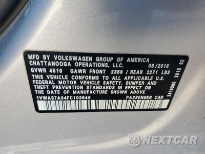 Zdjęcie 12 z 14 samochodu: 2015 VOLKSWAGEN PASSAT S VIN:1VWAS7A34FC103846 - miniatura