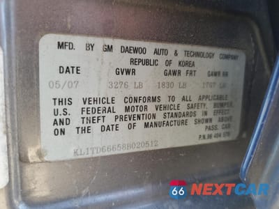 Zdjęcie 12 z 12 samochodu: 2008 CHEVROLET AVEO BASE VIN:KL1TD66658B020512 - miniatura