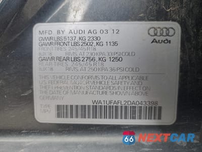 Zdjęcie 12 z 12 samochodu: 2013 AUDI A4 ALLROAD PREMIUM PLUS VIN:WA1UFAFL2DA043398 - miniatura