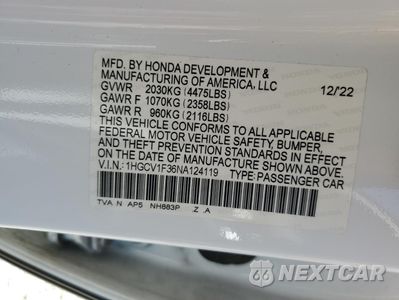 Zdjęcie 12 z 12 samochodu: 2022 HONDA ACCORD SPORT VIN:1HGCV1F36NA124119 - miniatura
