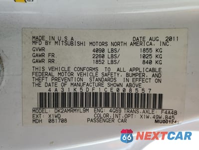 Zdjęcie 12 z 12 samochodu: 2012 MITSUBISHI ECLIPSE GS SPORT VIN:4A31K5DF1CE008557 - miniatura