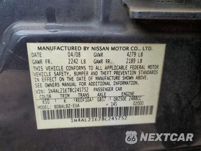 Zdjęcie 12 z 14 samochodu: 2008 NISSAN ALTIMA 2.5 VIN:1N4AL21E78C245752 - miniatura