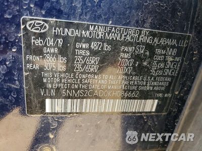 Zdjęcie 13 z 13 samochodu: 2019 HYUNDAI SANTA FE SE VIN:5NMS2CAD0KH086662 - miniatura