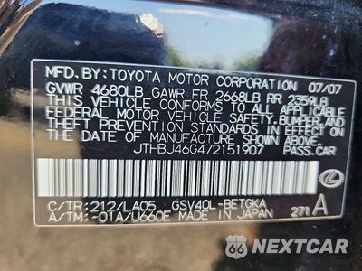 Zdjęcie 12 z 12 samochodu: 2007 LEXUS ES 350 VIN:JTHBJ46G472151907 - miniatura