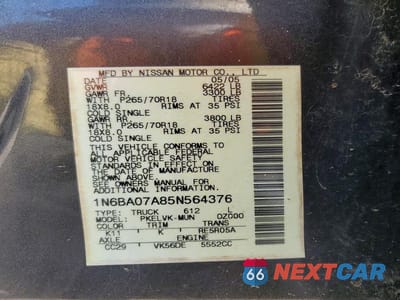 Zdjęcie 13 z 13 samochodu: 2005 NISSAN TITAN XE VIN:1N6BA07A85N564376 - miniatura