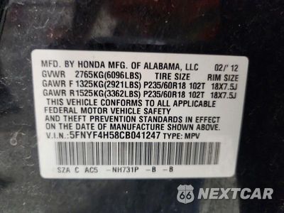 Zdjęcie 13 z 13 samochodu: 2012 HONDA PILOT EXL VIN:5FNYF4H58CB041247 - miniatura