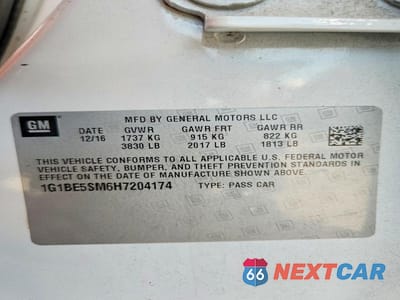Zdjęcie 12 z 12 samochodu: 2017 CHEVROLET CRUZE LT VIN:1G1BE5SM6H7204174 - miniatura