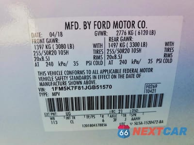 Zdjęcie 13 z 13 samochodu: 2018 FORD EXPLORER LIMITED VIN:1FM5K7F81JGB51570 - miniatura