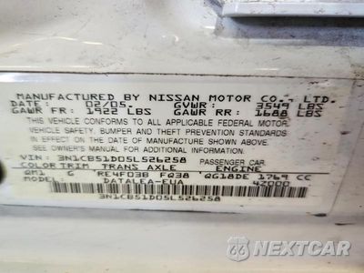 Zdjęcie 13 z 13 samochodu: 2005 NISSAN SENTRA 1.8 VIN:3N1CB51D05L526258 - miniatura