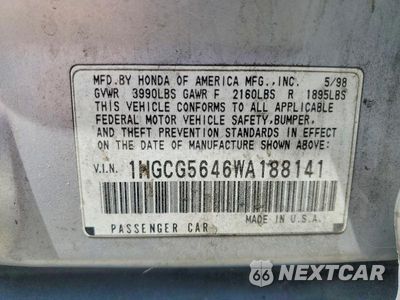 Zdjęcie 12 z 12 samochodu: 1998 HONDA ACCORD LX VIN:1HGCG5646WA188141 - miniatura