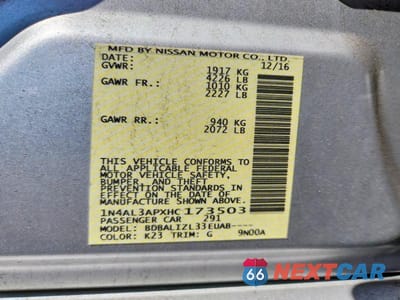Zdjęcie 12 z 12 samochodu: 2017 NISSAN ALTIMA 2.5 SV VIN:1N4AL3APXHC173503 - miniatura