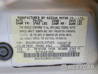 Zdjęcie 12 z 12 samochodu: 2005 NISSAN SENTRA 1.8 VIN:3N1CB51D05L559101 - miniatura