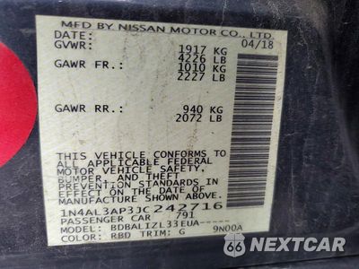 Zdjęcie 12 z 12 samochodu: 2018 NISSAN ALTIMA 2.5 SV VIN:1N4AL3AP3JC242716 - miniatura