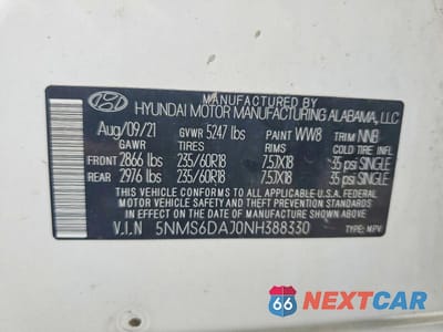 Zdjęcie 13 z 13 samochodu: 2022 HYUNDAI SANTA FE XRT VIN:5NMS6DAJ0NH388330 - miniatura