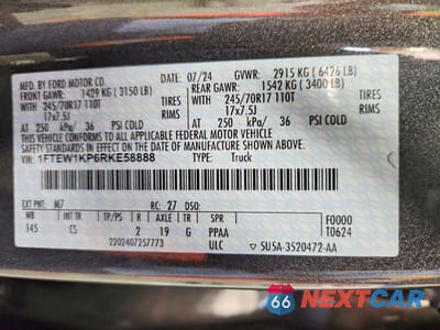 Zdjęcie 12 z 12 samochodu: 2024 FORD F150 XL VIN:1FTEW1KP6RKE58888 - miniatura