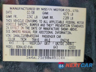 Zdjęcie 13 z 13 samochodu: 2008 NISSAN ALTIMA 2.5 VIN:1N4AL21E98N491044 - miniatura