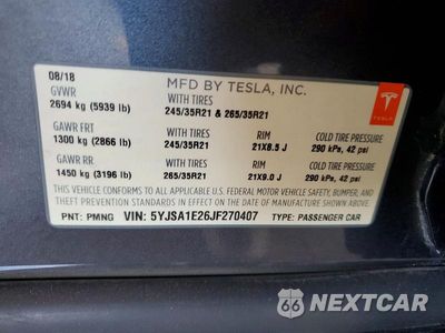 Zdjęcie 12 z 12 samochodu: 2018 TESLA MODEL S VIN:5YJSA1E26JF270407 - miniatura