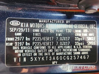 Zdjęcie 14 z 14 samochodu: 2012 KIA SORENTO LX VIN:5XYKT3A60CG257467 - miniatura