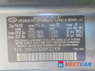 Zdjęcie 14 z 14 samochodu: 2009 HYUNDAI SANTA FE GLS VIN:5NMSG13DX9H322456 - miniatura