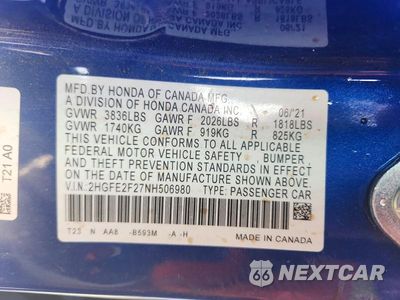 Zdjęcie 12 z 12 samochodu: 2022 HONDA CIVIC LX VIN:2HGFE2F27NH506980 - miniatura