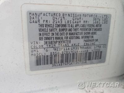 Zdjęcie 13 z 13 samochodu: 2019 NISSAN SENTRA S VIN:3N1AB7AP1KY347318 - miniatura