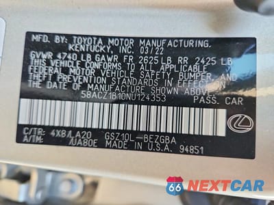 Zdjęcie 12 z 12 samochodu: 2022 LEXUS ES 350 BASE VIN:58ACZ1B10NU124353 - miniatura