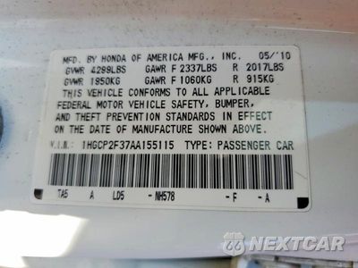 Zdjęcie 13 z 13 samochodu: 2010 HONDA ACCORD LX VIN:1HGCP2F37AA155115 - miniatura