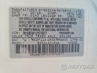 Zdjęcie 13 z 13 samochodu: 2018 NISSAN SENTRA SL VIN:3N1AB7AP1JY276877 - miniatura