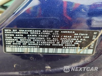 Zdjęcie 12 z 12 samochodu: 2013 VOLKSWAGEN PASSAT SE VIN:1VWBH7A33DC033417 - miniatura