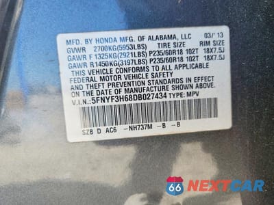 Zdjęcie 14 z 14 samochodu: 2013 HONDA PILOT EXL VIN:5FNYF3H68DB027434 - miniatura
