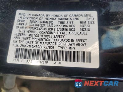 Zdjęcie 13 z 13 samochodu: 2014 HONDA CR-V LX VIN:2HKRM4H39EH727603 - miniatura