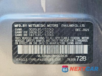 Zdjęcie 12 z 12 samochodu: 2022 MITSUBISHI MIRAGE ES VIN:ML32AUHJ9NH003436 - miniatura