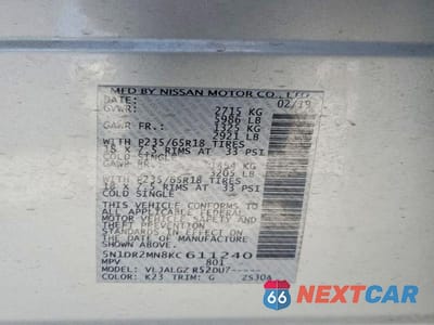 Zdjęcie 13 z 13 samochodu: 2019 NISSAN PATHFINDER SL VIN:5N1DR2MN8KC611240 - miniatura
