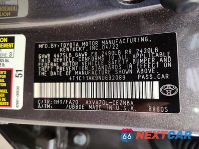 Zdjęcie 13 z 13 samochodu: 2022 TOYOTA CAMRY LE VIN:4T1C11AK9NU692089 - miniatura