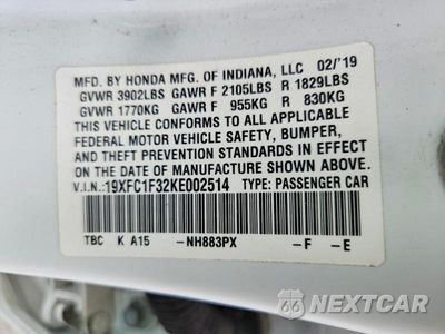 Zdjęcie 12 z 12 samochodu: 2019 HONDA CIVIC EX VIN:19XFC1F32KE002514 - miniatura