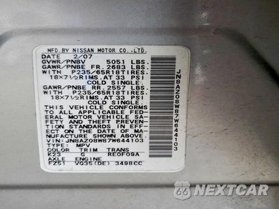 Zdjęcie 13 z 13 samochodu: 2007 NISSAN MURANO S VIN:JN8AZ08W87W644103 - miniatura