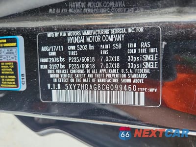 Zdjęcie 13 z 13 samochodu: 2012 HYUNDAI SANTA FE SE VIN:5XYZHDAG8CG099460 - miniatura