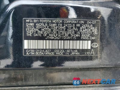 Zdjęcie 12 z 12 samochodu: 2007 LEXUS IS 250 BASE VIN:JTHBK262172049115 - miniatura