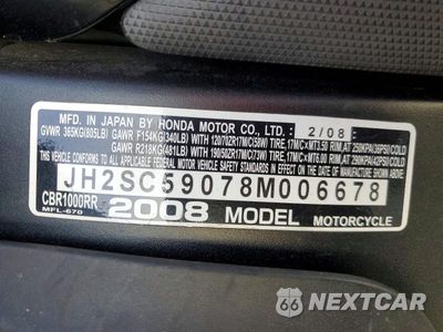 Zdjęcie 9 z 9 samochodu: 2008 HONDA CBR1000 RR VIN:JH2SC59078M006678 - miniatura
