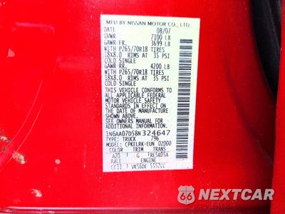Zdjęcie 12 z 12 samochodu: 2008 NISSAN TITAN XE VIN:1N6AA07D58N324647 - miniatura