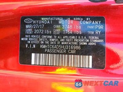 Zdjęcie 12 z 12 samochodu: 2017 HYUNDAI VELOSTER BASE VIN:KMHTC6AD5HU316986 - miniatura