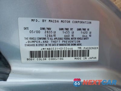 Zdjęcie 12 z 12 samochodu: 2000 MAZDA MX-5 MIATA BASE VIN:JM1NB3531Y0155446 - miniatura