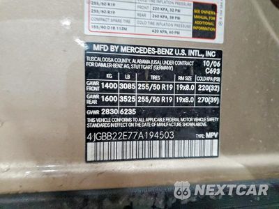 Zdjęcie 12 z 12 samochodu: 2007 MERCEDES-BENZ ML 320 CDI VIN:4JGBB22E77A194503 - miniatura