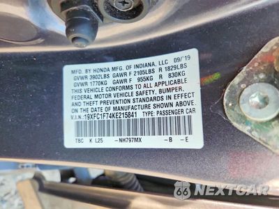 Zdjęcie 12 z 12 samochodu: 2019 HONDA CIVIC EXL VIN:19XFC1F74KE215841 - miniatura