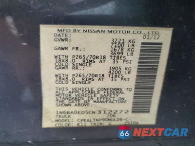 Zdjęcie 13 z 13 samochodu: 2012 NISSAN TITAN SV VIN:1N6BA0ED5CN312272 - miniatura