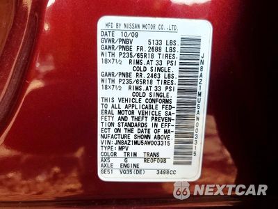 Zdjęcie 13 z 13 samochodu: 2010 NISSAN MURANO S VIN:JN8AZ1MU5AW003315 - miniatura