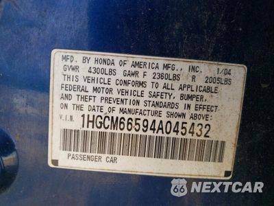 Zdjęcie 12 z 12 samochodu: 2004 HONDA ACCORD EX VIN:1HGCM66594A045432 - miniatura