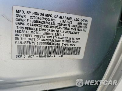 Zdjęcie 12 z 12 samochodu: 2005 HONDA PILOT EXL VIN:5FNYF18605B034240 - miniatura